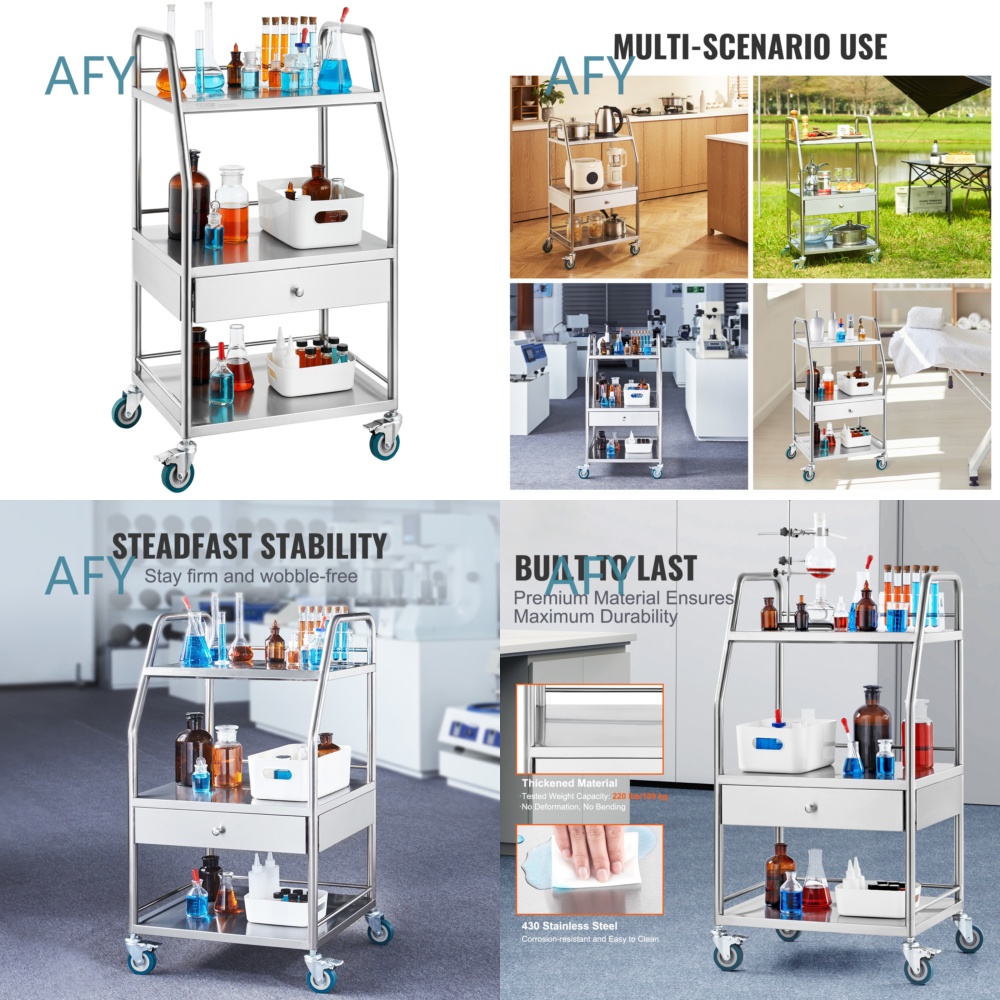 Medical Lab Officer - 3 Tier Stainless Steel Rolling Utility